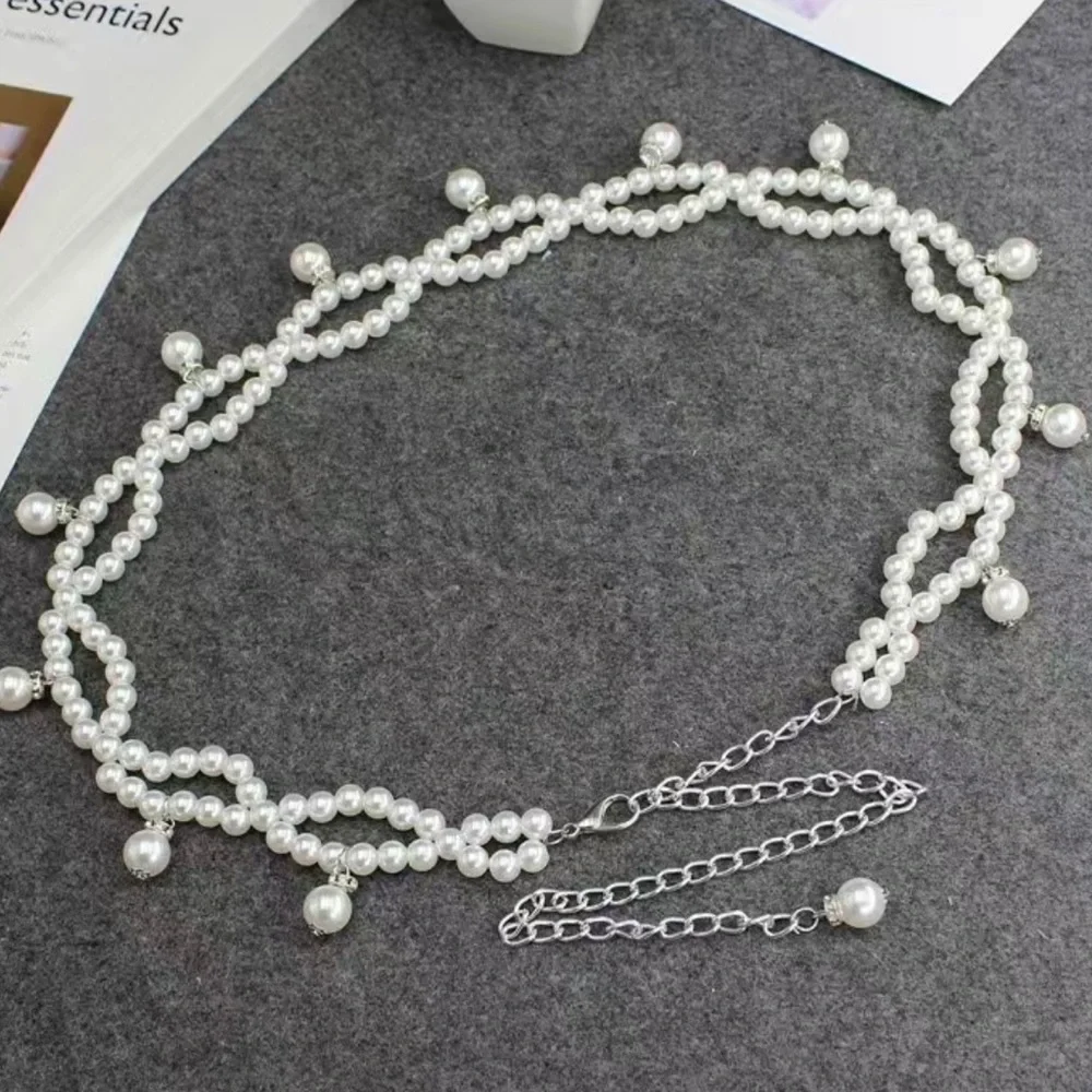 Double Layer Faux Pearl Chain Elegant Dress Girdle Trendy Pendant Chain Belt Dec